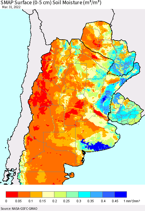 Southern South America SMAP Surface (0-5 cm) Soil Moisture (m³/m³) Thematic Map For 3/26/2022 - 3/31/2022