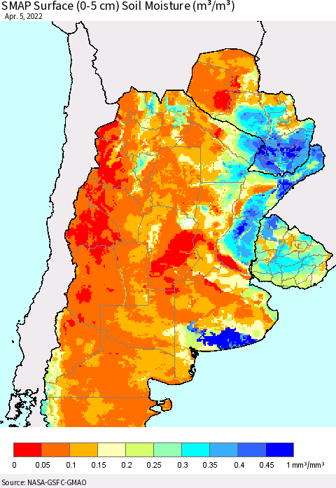 Southern South America SMAP Surface (0-5 cm) Soil Moisture (m³/m³) Thematic Map For 4/1/2022 - 4/5/2022