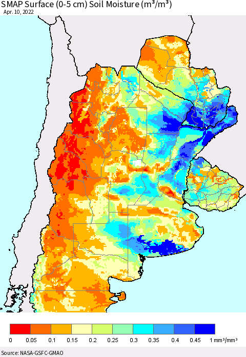 Southern South America SMAP Surface (0-5 cm) Soil Moisture (m³/m³) Thematic Map For 4/6/2022 - 4/10/2022