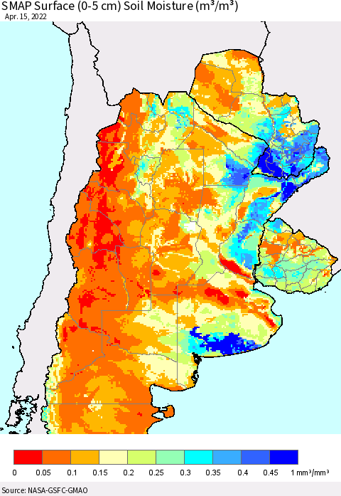 Southern South America SMAP Surface (0-5 cm) Soil Moisture (m³/m³) Thematic Map For 4/11/2022 - 4/15/2022