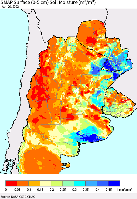 Southern South America SMAP Surface (0-5 cm) Soil Moisture (m³/m³) Thematic Map For 4/16/2022 - 4/20/2022