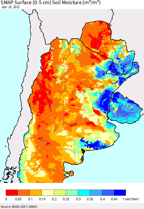 Southern South America SMAP Surface (0-5 cm) Soil Moisture (m³/m³) Thematic Map For 4/21/2022 - 4/25/2022