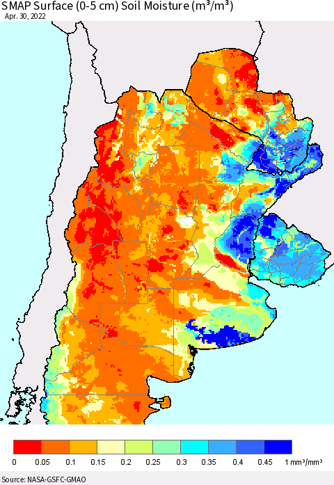 Southern South America SMAP Surface (0-5 cm) Soil Moisture (m³/m³) Thematic Map For 4/26/2022 - 4/30/2022