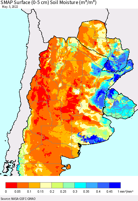 Southern South America SMAP Surface (0-5 cm) Soil Moisture (m³/m³) Thematic Map For 5/1/2022 - 5/5/2022