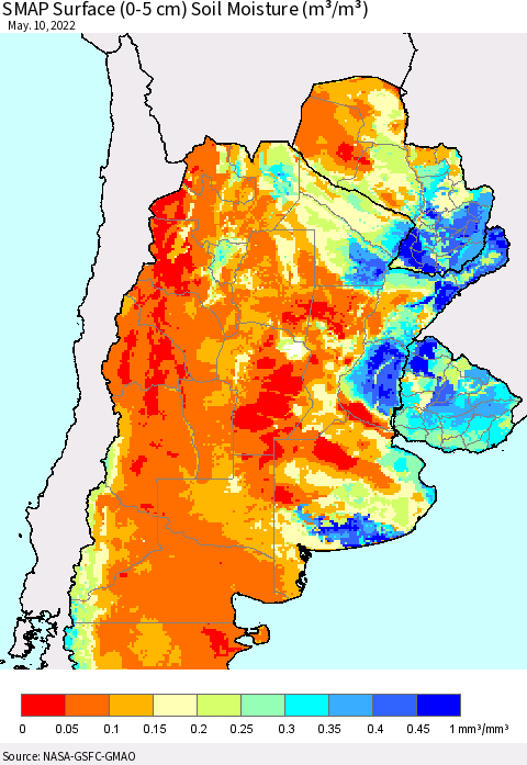 Southern South America SMAP Surface (0-5 cm) Soil Moisture (m³/m³) Thematic Map For 5/6/2022 - 5/10/2022