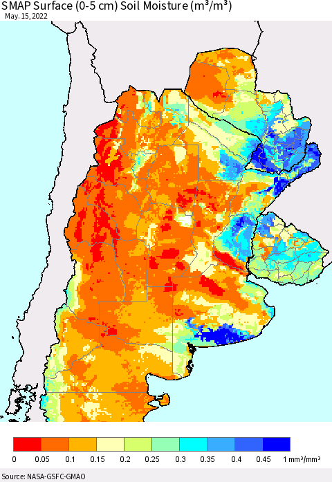 Southern South America SMAP Surface (0-5 cm) Soil Moisture (m³/m³) Thematic Map For 5/11/2022 - 5/15/2022