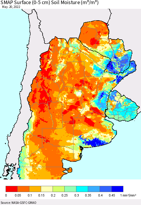 Southern South America SMAP Surface (0-5 cm) Soil Moisture (m³/m³) Thematic Map For 5/16/2022 - 5/20/2022