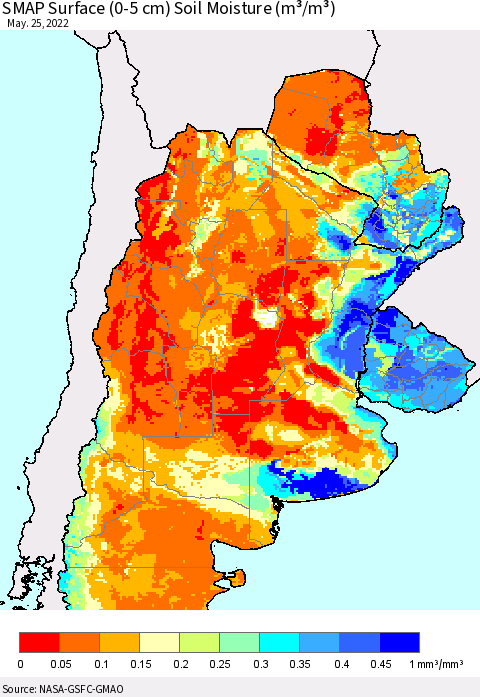 Southern South America SMAP Surface (0-5 cm) Soil Moisture (m³/m³) Thematic Map For 5/21/2022 - 5/25/2022