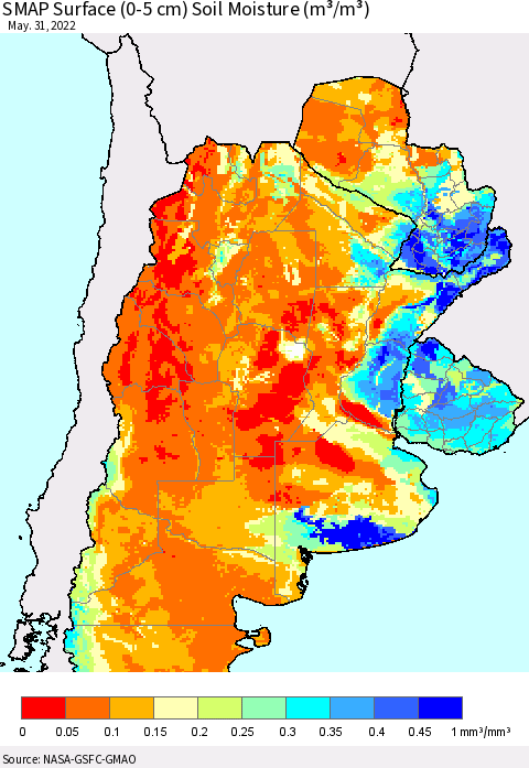 Southern South America SMAP Surface (0-5 cm) Soil Moisture (m³/m³) Thematic Map For 5/26/2022 - 5/31/2022