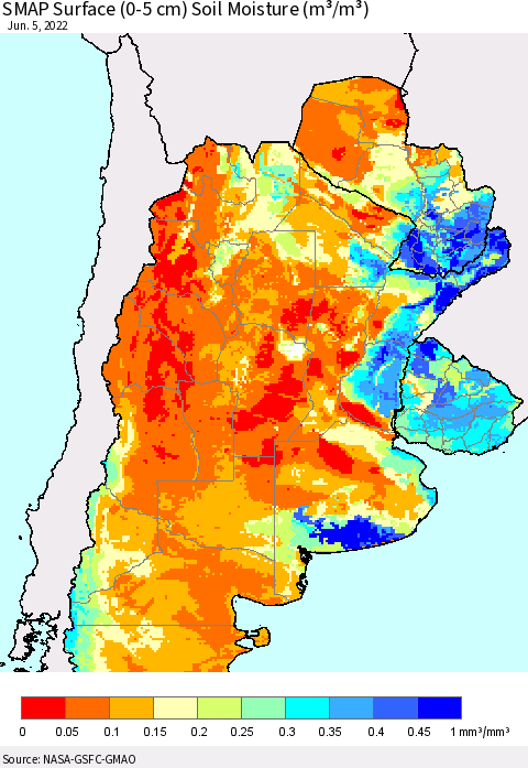 Southern South America SMAP Surface (0-5 cm) Soil Moisture (m³/m³) Thematic Map For 6/1/2022 - 6/5/2022