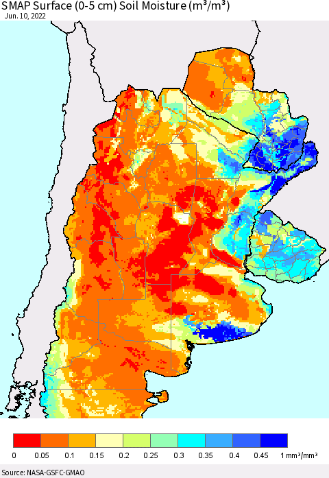 Southern South America SMAP Surface (0-5 cm) Soil Moisture (m³/m³) Thematic Map For 6/6/2022 - 6/10/2022