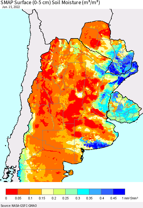 Southern South America SMAP Surface (0-5 cm) Soil Moisture (m³/m³) Thematic Map For 6/11/2022 - 6/15/2022