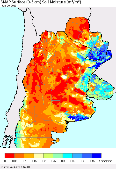Southern South America SMAP Surface (0-5 cm) Soil Moisture (m³/m³) Thematic Map For 6/16/2022 - 6/20/2022