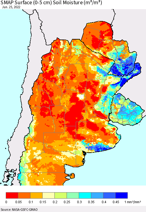 Southern South America SMAP Surface (0-5 cm) Soil Moisture (m³/m³) Thematic Map For 6/21/2022 - 6/25/2022