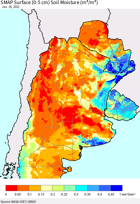 Southern South America SMAP Surface (0-5 cm) Soil Moisture (m³/m³) Thematic Map For 6/26/2022 - 6/30/2022