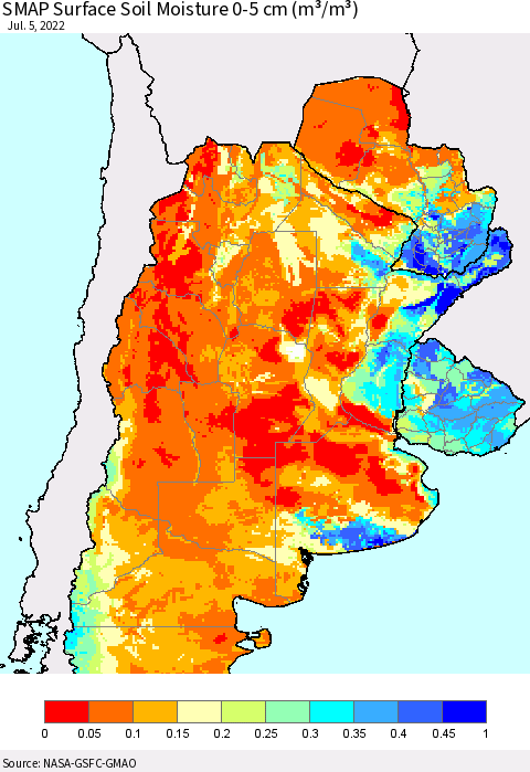 Southern South America SMAP Surface (0-5 cm) Soil Moisture (m³/m³) Thematic Map For 7/1/2022 - 7/5/2022