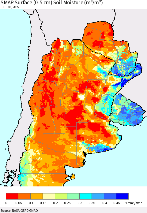 Southern South America SMAP Surface (0-5 cm) Soil Moisture (m³/m³) Thematic Map For 7/6/2022 - 7/10/2022