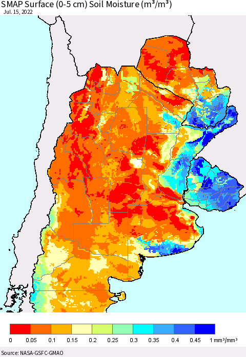Southern South America SMAP Surface (0-5 cm) Soil Moisture (m³/m³) Thematic Map For 7/11/2022 - 7/15/2022