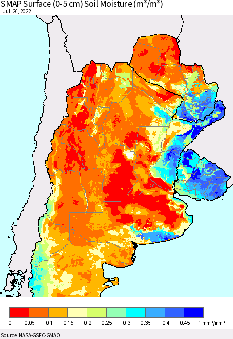 Southern South America SMAP Surface (0-5 cm) Soil Moisture (m³/m³) Thematic Map For 7/16/2022 - 7/20/2022