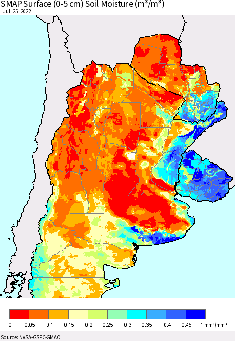 Southern South America SMAP Surface (0-5 cm) Soil Moisture (m³/m³) Thematic Map For 7/21/2022 - 7/25/2022