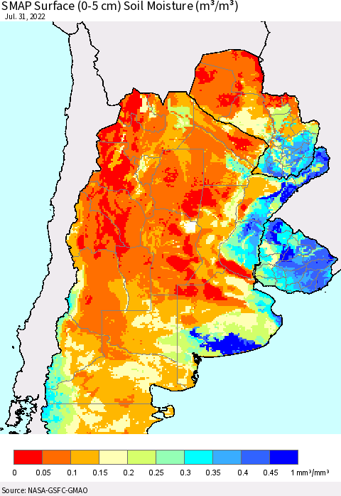 Southern South America SMAP Surface (0-5 cm) Soil Moisture (m³/m³) Thematic Map For 7/26/2022 - 7/31/2022