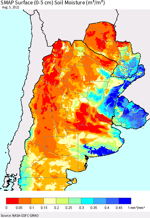 Southern South America SMAP Surface (0-5 cm) Soil Moisture (m³/m³) Thematic Map For 8/1/2022 - 8/5/2022
