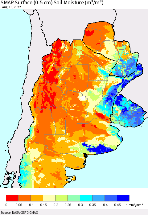 Southern South America SMAP Surface (0-5 cm) Soil Moisture (m³/m³) Thematic Map For 8/6/2022 - 8/10/2022