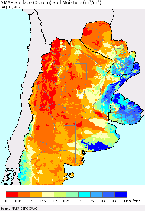 Southern South America SMAP Surface (0-5 cm) Soil Moisture (m³/m³) Thematic Map For 8/11/2022 - 8/15/2022