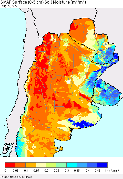 Southern South America SMAP Surface (0-5 cm) Soil Moisture (m³/m³) Thematic Map For 8/16/2022 - 8/20/2022
