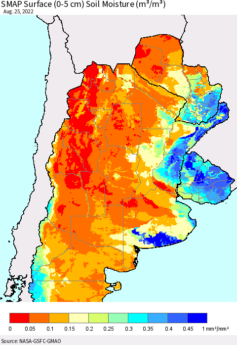 Southern South America SMAP Surface (0-5 cm) Soil Moisture (m³/m³) Thematic Map For 8/21/2022 - 8/25/2022