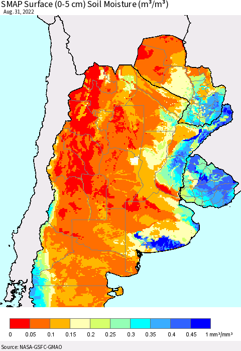 Southern South America SMAP Surface (0-5 cm) Soil Moisture (m³/m³) Thematic Map For 8/26/2022 - 8/31/2022
