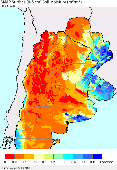 Southern South America SMAP Surface (0-5 cm) Soil Moisture (m³/m³) Thematic Map For 9/1/2022 - 9/5/2022