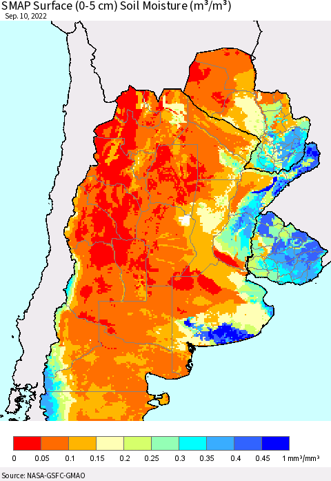 Southern South America SMAP Surface (0-5 cm) Soil Moisture (m³/m³) Thematic Map For 9/6/2022 - 9/10/2022