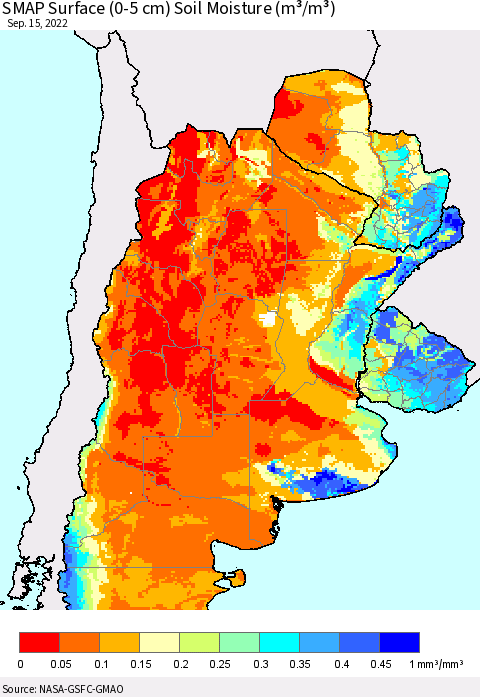 Southern South America SMAP Surface (0-5 cm) Soil Moisture (m³/m³) Thematic Map For 9/11/2022 - 9/15/2022