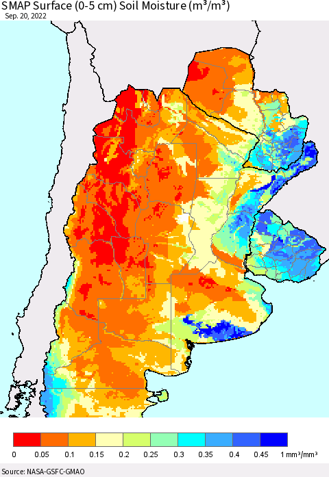 Southern South America SMAP Surface (0-5 cm) Soil Moisture (m³/m³) Thematic Map For 9/16/2022 - 9/20/2022
