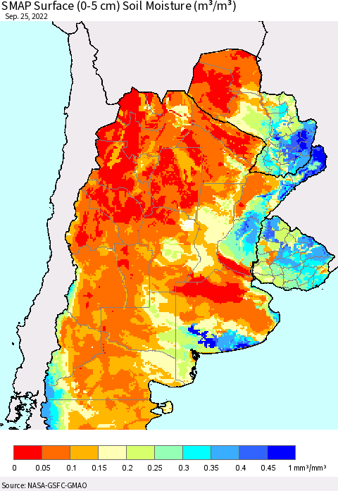 Southern South America SMAP Surface (0-5 cm) Soil Moisture (m³/m³) Thematic Map For 9/21/2022 - 9/25/2022