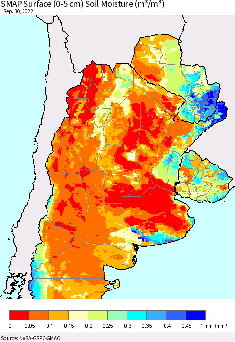 Southern South America SMAP Surface (0-5 cm) Soil Moisture (m³/m³) Thematic Map For 9/26/2022 - 9/30/2022