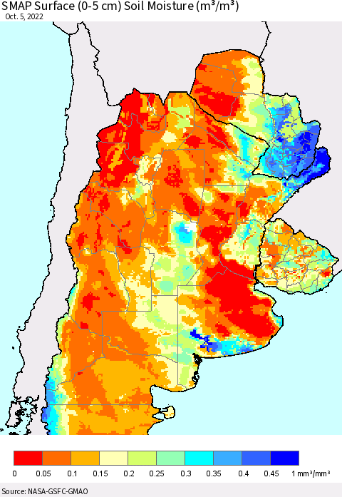 Southern South America SMAP Surface (0-5 cm) Soil Moisture (m³/m³) Thematic Map For 10/1/2022 - 10/5/2022