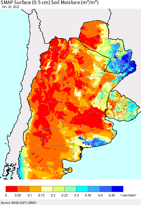 Southern South America SMAP Surface (0-5 cm) Soil Moisture (m³/m³) Thematic Map For 10/6/2022 - 10/10/2022