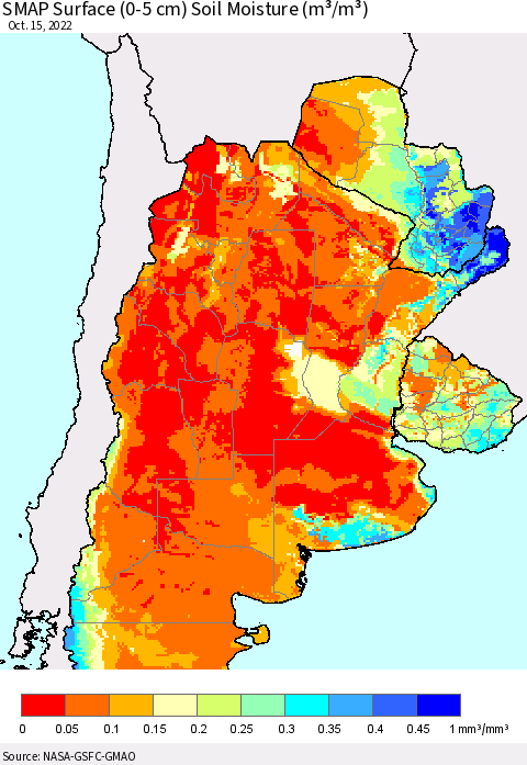 Southern South America SMAP Surface (0-5 cm) Soil Moisture (m³/m³) Thematic Map For 10/11/2022 - 10/15/2022