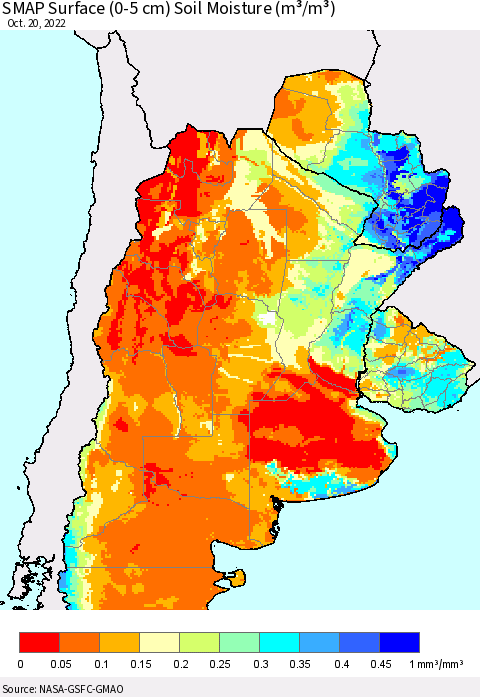 Southern South America SMAP Surface (0-5 cm) Soil Moisture (m³/m³) Thematic Map For 10/16/2022 - 10/20/2022