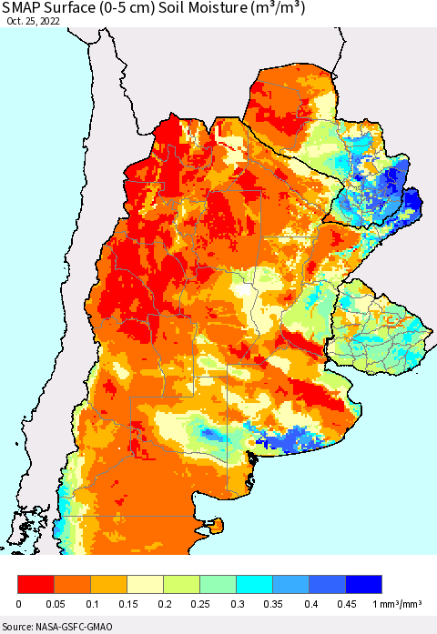 Southern South America SMAP Surface (0-5 cm) Soil Moisture (m³/m³) Thematic Map For 10/21/2022 - 10/25/2022