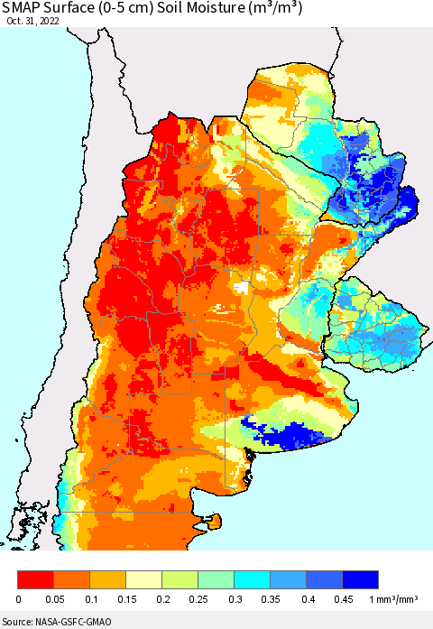Southern South America SMAP Surface (0-5 cm) Soil Moisture (m³/m³) Thematic Map For 10/26/2022 - 10/31/2022