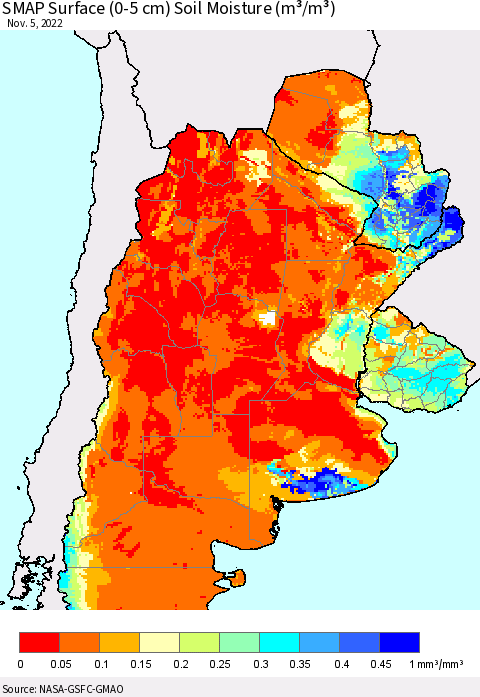 Southern South America SMAP Surface (0-5 cm) Soil Moisture (m³/m³) Thematic Map For 11/1/2022 - 11/5/2022
