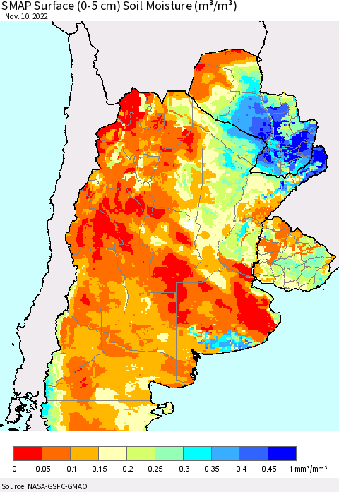 Southern South America SMAP Surface (0-5 cm) Soil Moisture (m³/m³) Thematic Map For 11/6/2022 - 11/10/2022