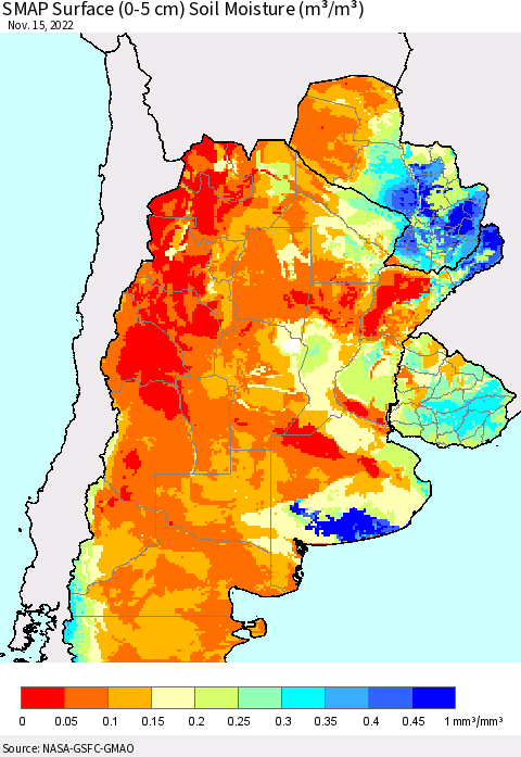 Southern South America SMAP Surface (0-5 cm) Soil Moisture (m³/m³) Thematic Map For 11/11/2022 - 11/15/2022