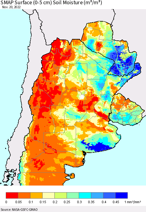 Southern South America SMAP Surface (0-5 cm) Soil Moisture (m³/m³) Thematic Map For 11/16/2022 - 11/20/2022