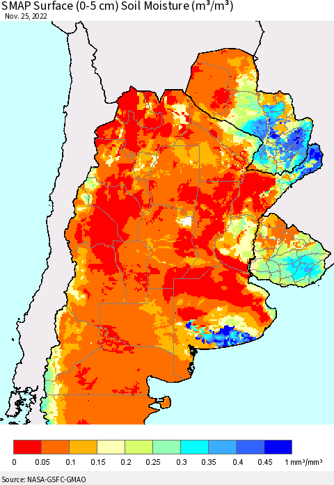 Southern South America SMAP Surface (0-5 cm) Soil Moisture (m³/m³) Thematic Map For 11/21/2022 - 11/25/2022