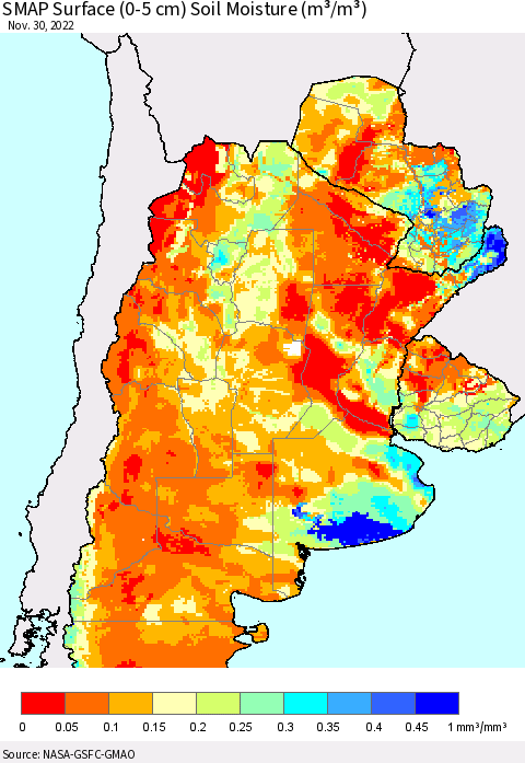 Southern South America SMAP Surface (0-5 cm) Soil Moisture (m³/m³) Thematic Map For 11/26/2022 - 11/30/2022