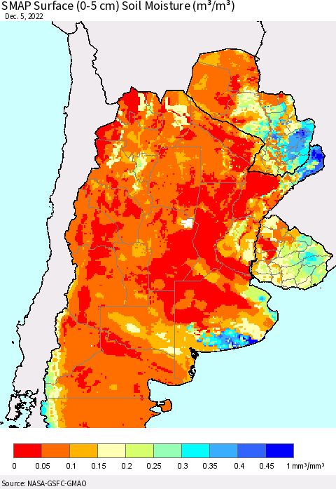 Southern South America SMAP Surface (0-5 cm) Soil Moisture (m³/m³) Thematic Map For 12/1/2022 - 12/5/2022